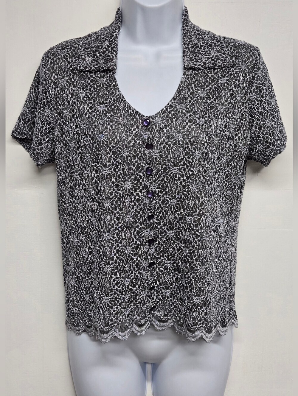 Nicola M Top Vintage Collared V Neck Short Sleeve Decorative Buttons Lace